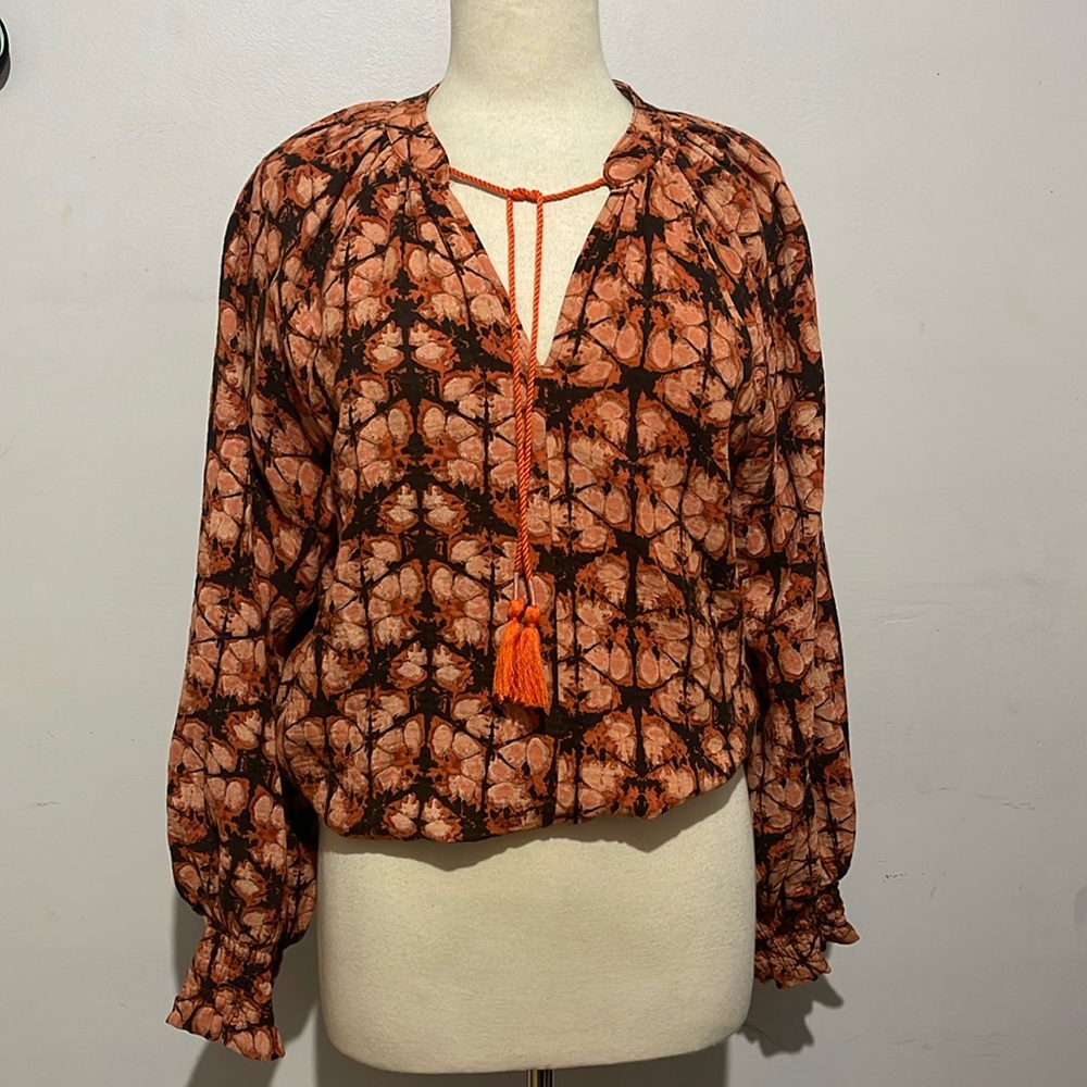 Anthropologie Porridge Peasant Blouse Top Smocked waistband Cuffs Tie Sz M